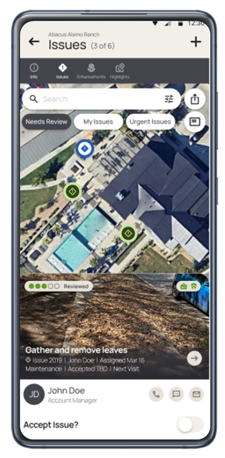 A screenshot of the operate app showing issues on a map with an assigned status