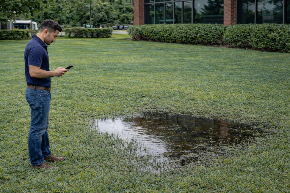 An account manager taking a pacutre of standing water on grass.