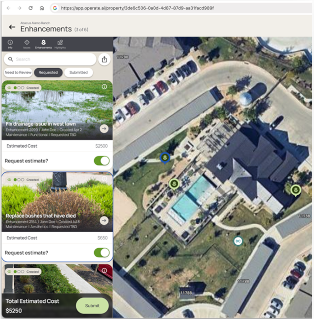 a screenshot of the operate app in a browser showing a property portal with a map of issues and an issue list.