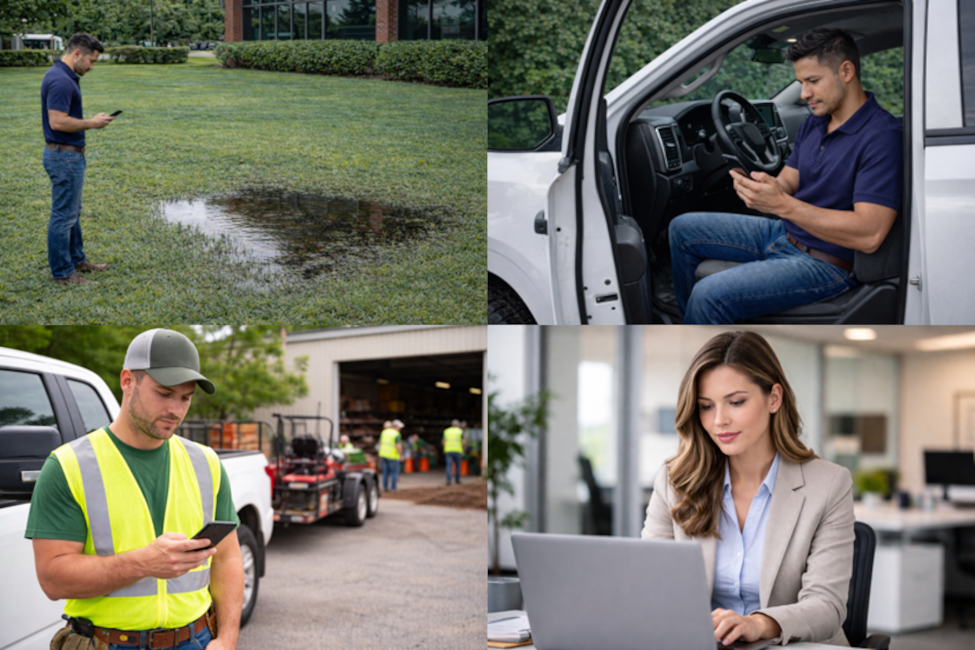 Picture of an account manager on site, a crew lead getting ready to start his day and a property manager in her offfice